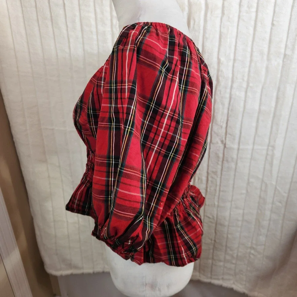 Old Navy Top Red Plaid Tartan Smocked Puff Sleeve Peplum  Preppy Academia Size M